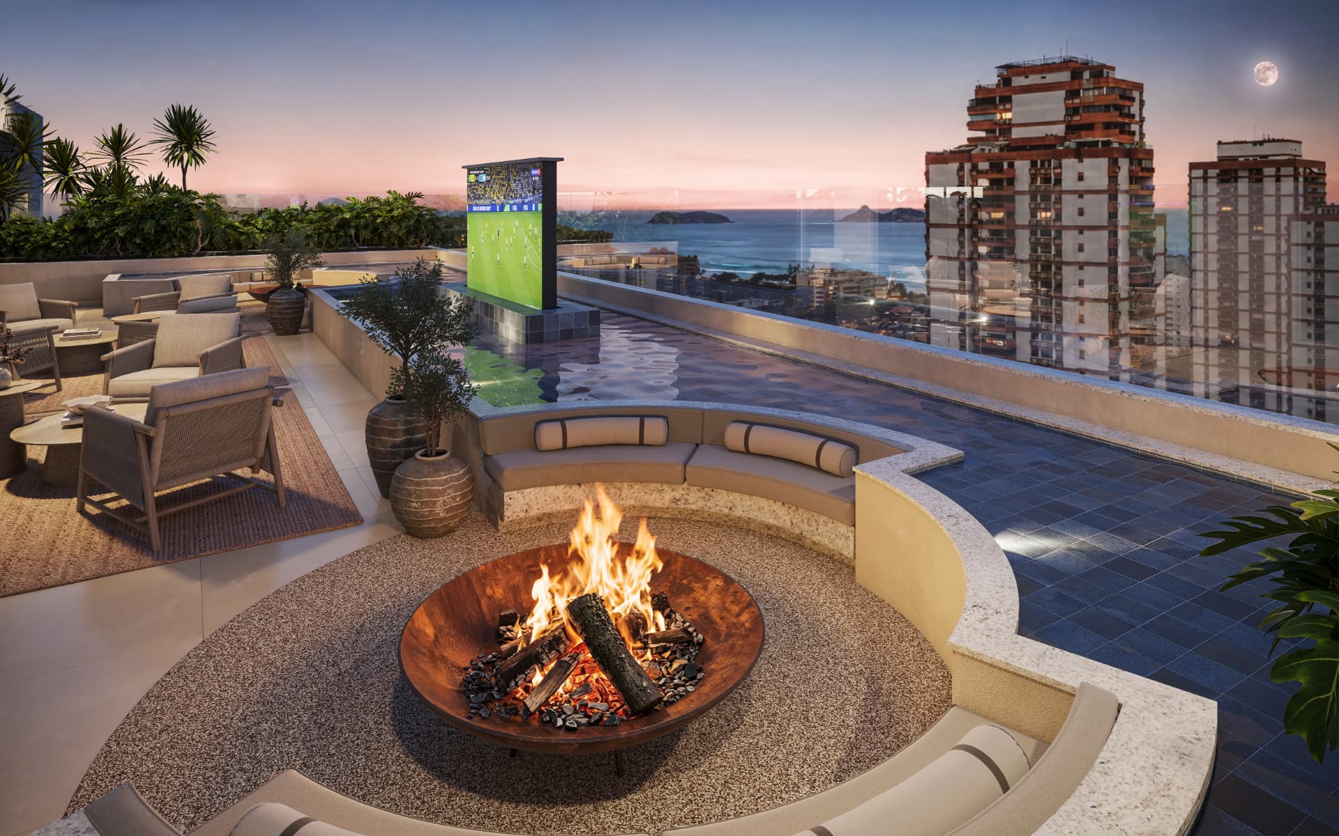 Rooftop com piscina, fire pit e vista panorâmica ao entardecer